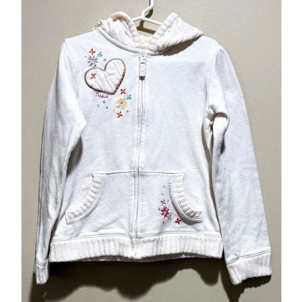 OshKosh B'gosh Girls 6X Full Zip Hooded Cotton White Sweater Jacket Floral Ivory - Picture 2 of 11